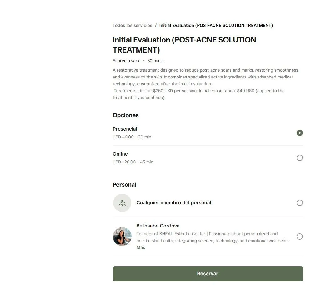 The online booking screen for an initial evaluation on the BHEAL website