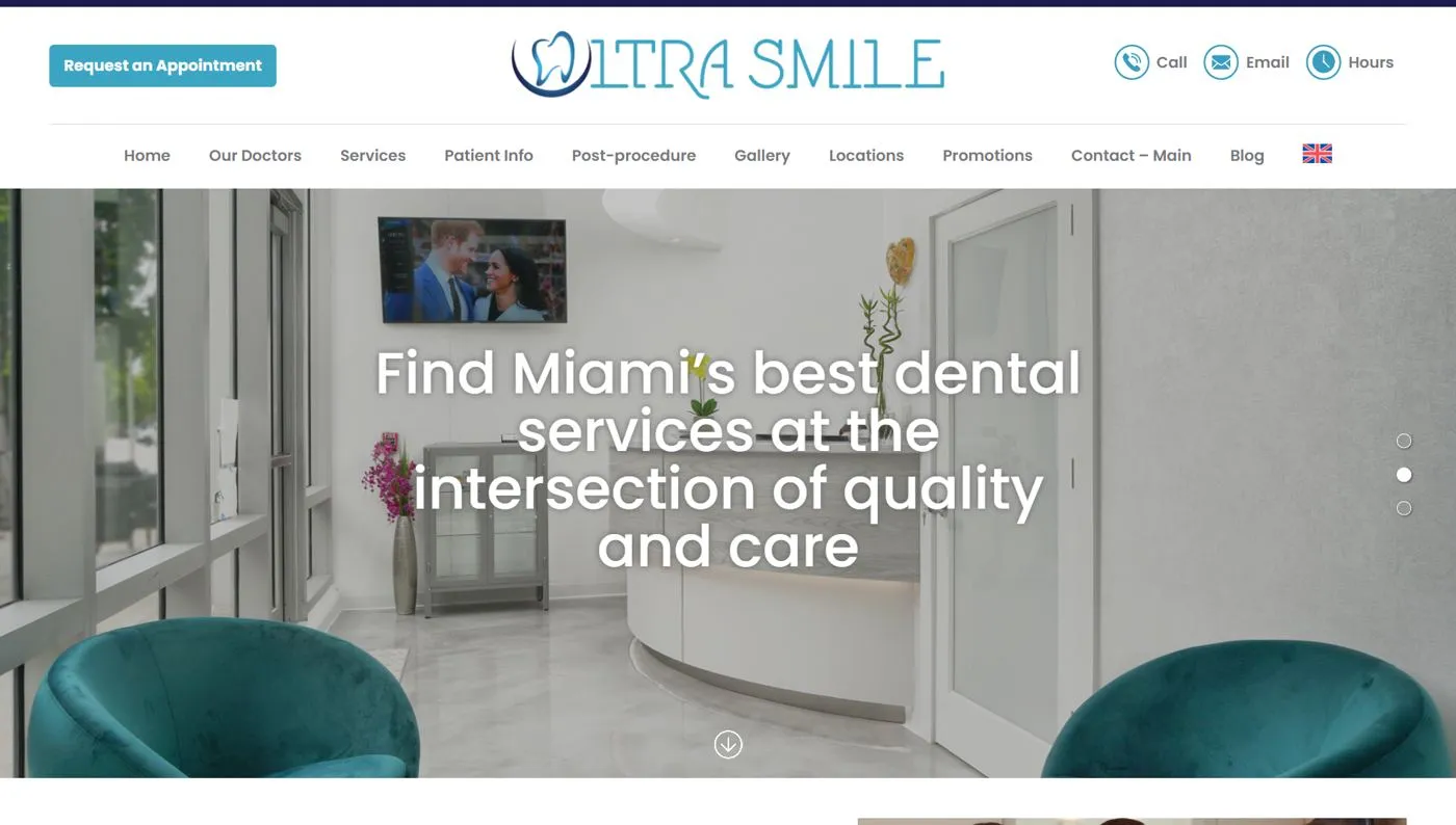 Ultra Smile Miami home page: "Find Miami's best dental services at the intersection of quality and care"